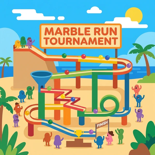 Elaborate colorful marble run tournament track on tan beach sand with red orange green yellow blue paths and spectators below