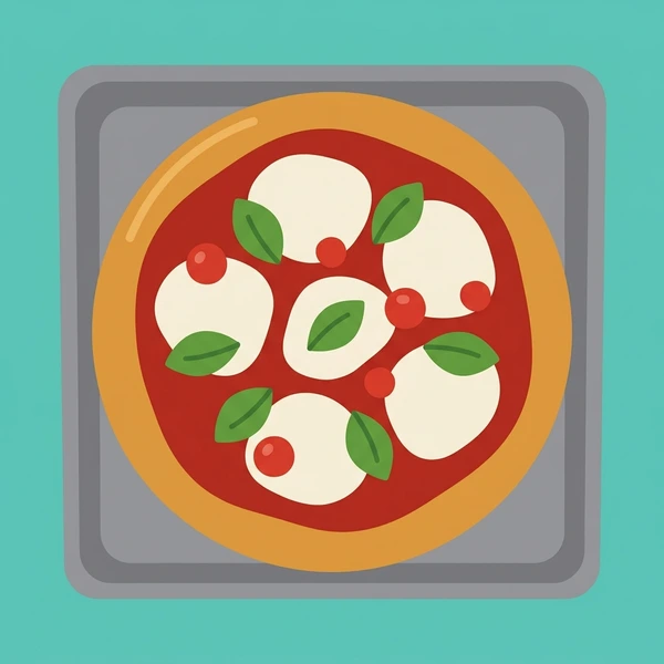 Margherita Pizza On Tray scene showing pizza crust, tomato sauce, mozzarella cheese, fresh basil leaves, and baking tray in a food coloring puzzle