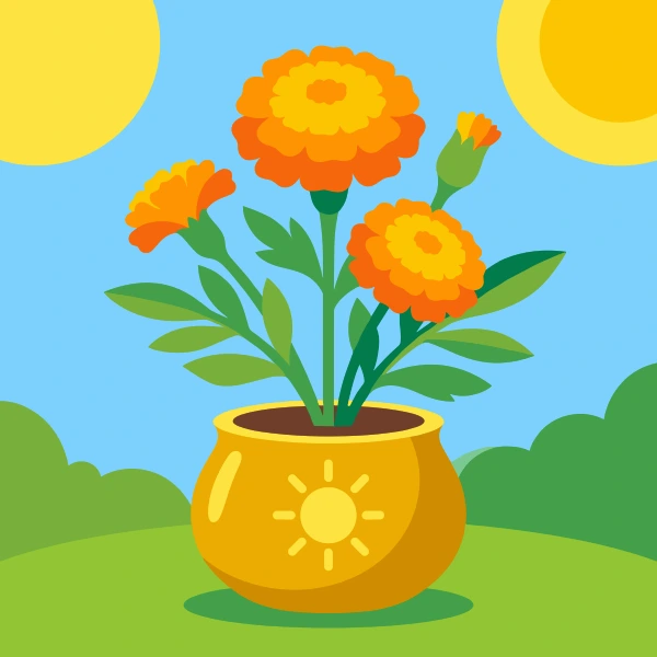 Three bright orange marigold flowers in a round golden pot decorated with a sun motif, set on green grass under a sunny blue sky