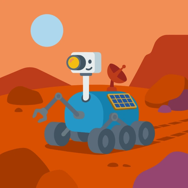 Teal, charcoal, and deep blue mars rover set against stars, planets, moons, or glowing space colors.