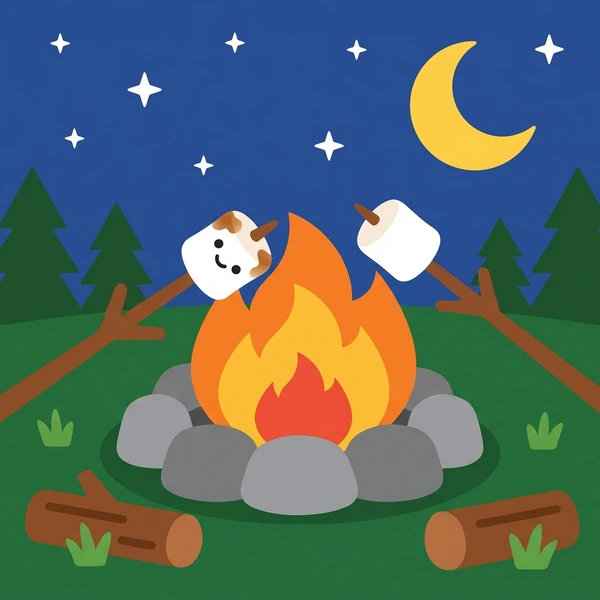 Marshmallows By Campfire scene showing marshmallows on skewers, campfire glow, toasted brown surface, and outdoor night setting in a food coloring puzzle
