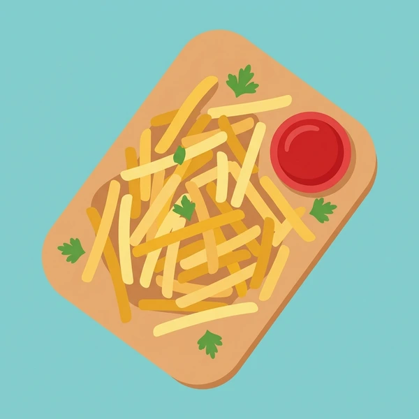 Matchstick Fries On Board scene showing thin matchstick fries, crispy edges, wooden serving board, and aioli or sauce dip in a food coloring puzzle