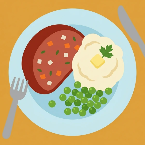 Meatloaf On Dinner Plate scene showing meatloaf slice, ketchup glaze crust, dinner plate, and mashed potato side in a food coloring puzzle