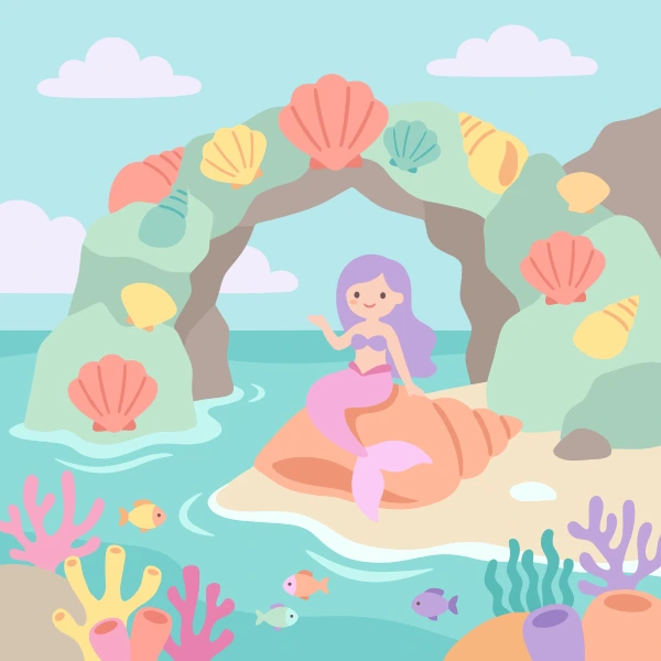 Purple-haired mermaid sitting on a large seashell under a shell arch surrounded by coral