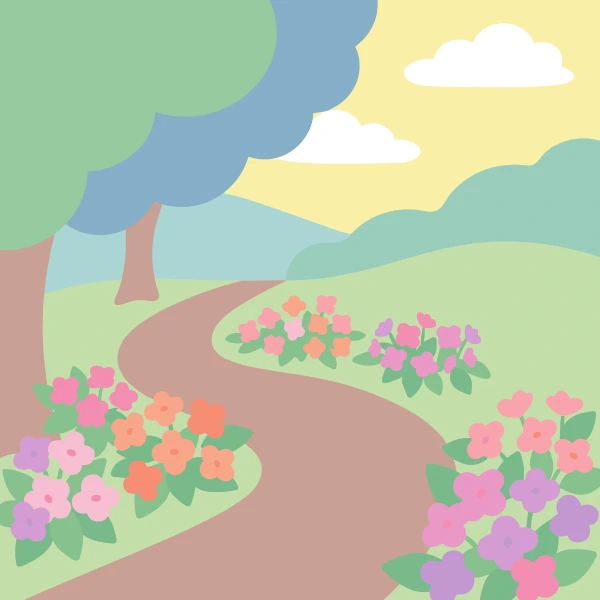 A mimosa tree covered in bright yellow and orange fluffy flower clusters beside a winding dirt road through a soft hilly landscape at warm golden light