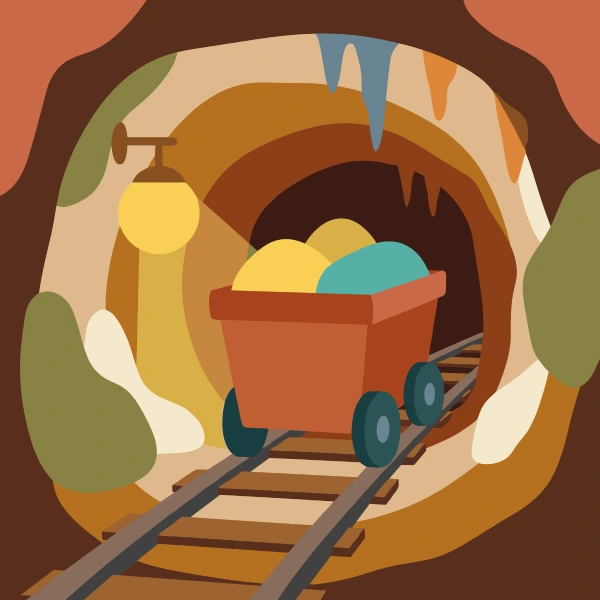 Red, black, and mustard yellow mine cart inside a tunnel or cave with dark walls, rails, and hanging lights.