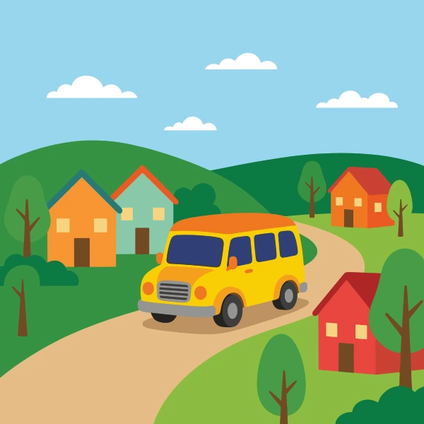 Forest green, earth brown, and mustard yellow minibus in front of colorful buildings, storefronts, signs, and clean pavement.