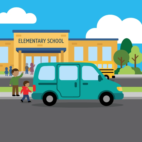 Teal, sand beige, and light blue minivan near a school building with children, signs, and open pavement or grass.