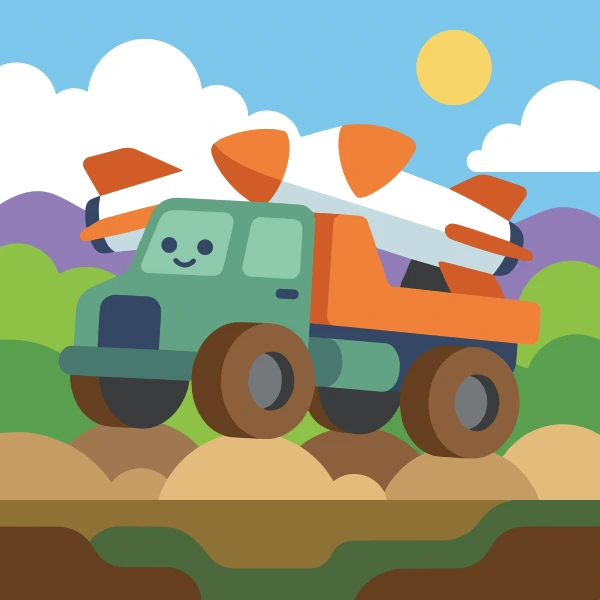 Missile carrier on rough road with leaf green and orange body tones, mint green accents, and sky blue background.