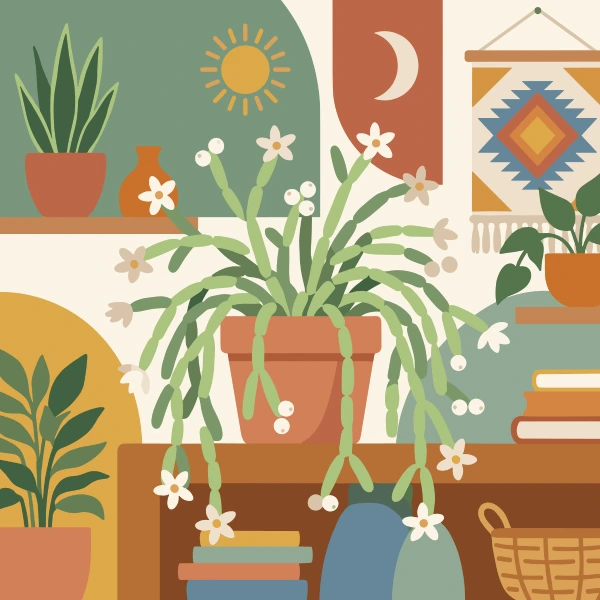 A trailing mistletoe cactus with small white flowers in a terracotta pot on a table in a boho room with wall hangings, books, and other houseplants