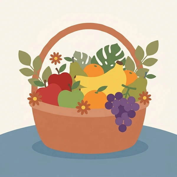 Mixed Fruit Basket Centerpiece scene showing mixed fruit variety, woven basket, seasonal fruit arrangement, and boho centerpiece styling in a food coloring puzzle