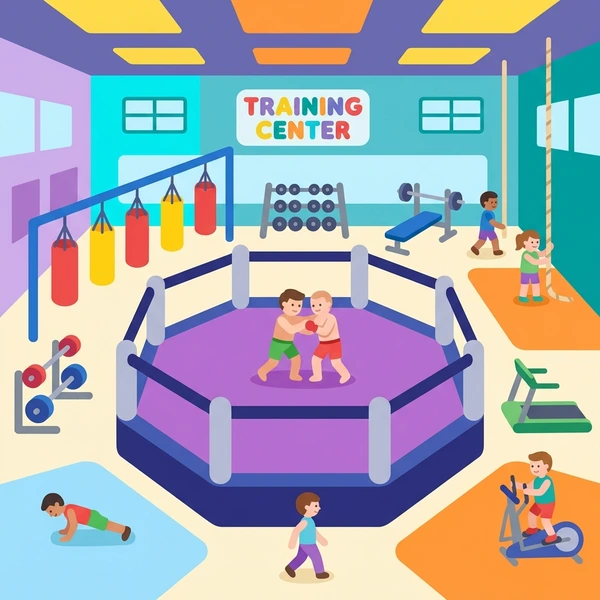 Two MMA fighters grappling inside octagon cage with purple mat and navy blue and orange heavy bags in professional training facility