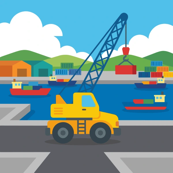 Deep blue, earth brown, and mustard yellow mobile crane on blue harbor water with docks, boats, cranes, or shoreline buildings.