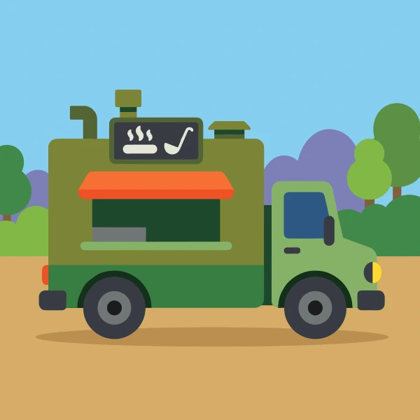 Olive green, black, and grass green mobile field kitchen truck in fields with barns, crop rows, hay bales, or farm animals under a bright sky.