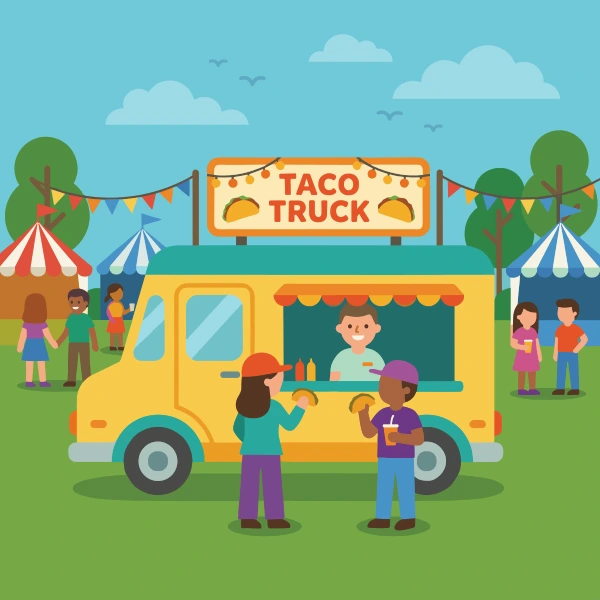 Sun yellow, gray, and teal mobile food truck surrounded by bunting, crowds, tents, animals, or bright signs.