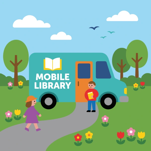 Mobile library van in park with teal and navy blue body tones, orange accents, and sky blue background.