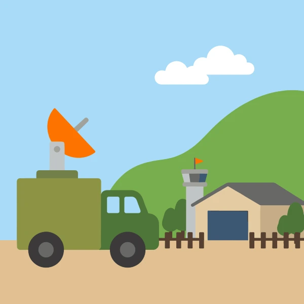 Mobile radar truck in leaf green, forest green, and gray near base, with light blue sky and sand beige ground.