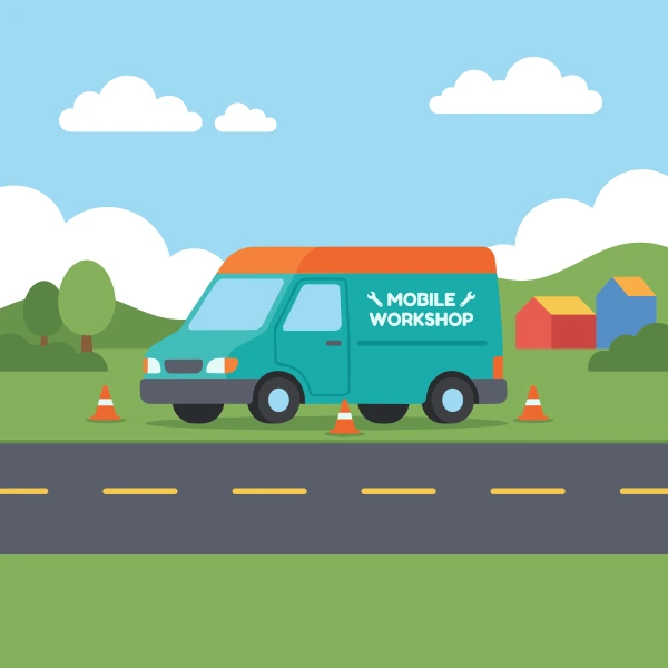 Mobile workshop van on roadside, colored teal, orange, and olive green, with light blue above and grass green below.