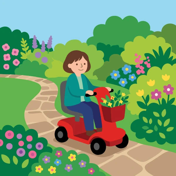 Mobility scooter by garden path, colored grass green, leaf green, and red, with sky blue above and forest green below.