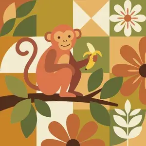 Monkey Holding Banana in Geometric Garden
