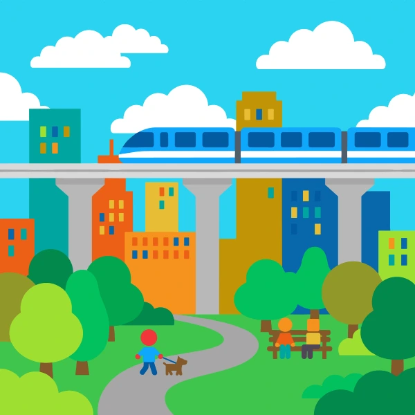 Monorail above city park with orange and deep blue body tones, mint green accents, and turquoise background.