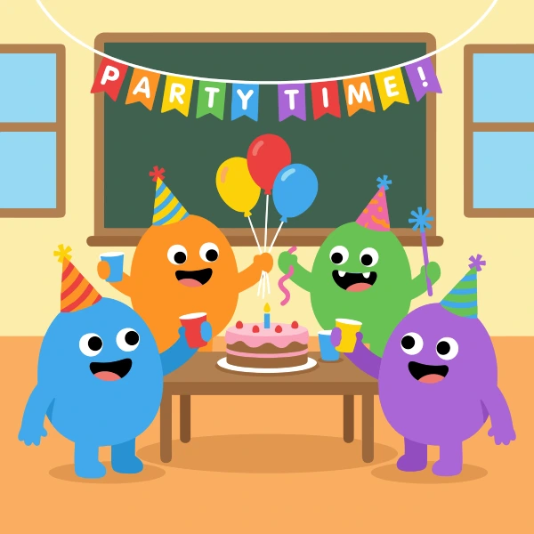 Four cute colorful monsters with party hats at classroom party with Party Time banner balloons birthday cake and chalkboard