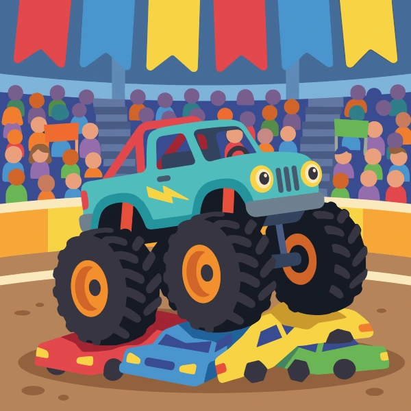 Teal monster truck with cartoon eyes crushing red, blue, and yellow cars inside an arena with purple stands and bunting flags.
