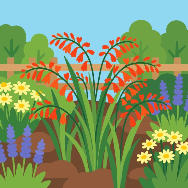 Arching stems of bright orange-red montbretia flowers with tall green sword-like leaves in a summer garden bed with yellow daisies and purple flowers