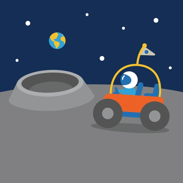 Orange, charcoal, and deep blue moon buggy set against stars, planets, moons, or glowing space colors.