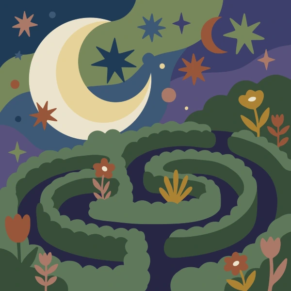 Moon Garden Maze free printable jigsaw puzzle & coloring page
