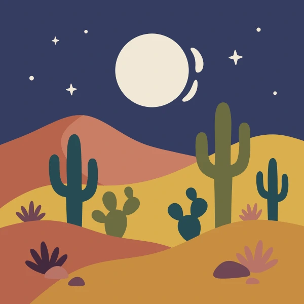 Nighttime desert landscape with tall cacti silhouetted against a starry sky and bright full moon