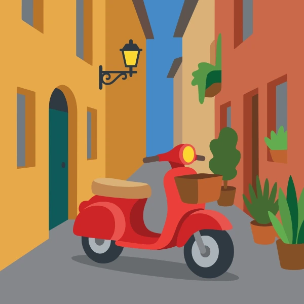 Moped in narrow alley with orange and tan body tones, deep blue accents, and mustard yellow background.