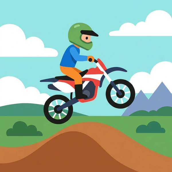 Motocross rider in white helmet airborne on red motorcycle over large brown dirt jump with mountains and light blue sky