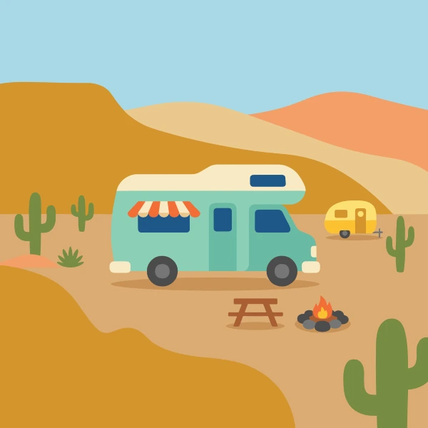 Mint green, sand beige, and teal motorhome among trees, hills, or mountains with a winding path or river nearby.