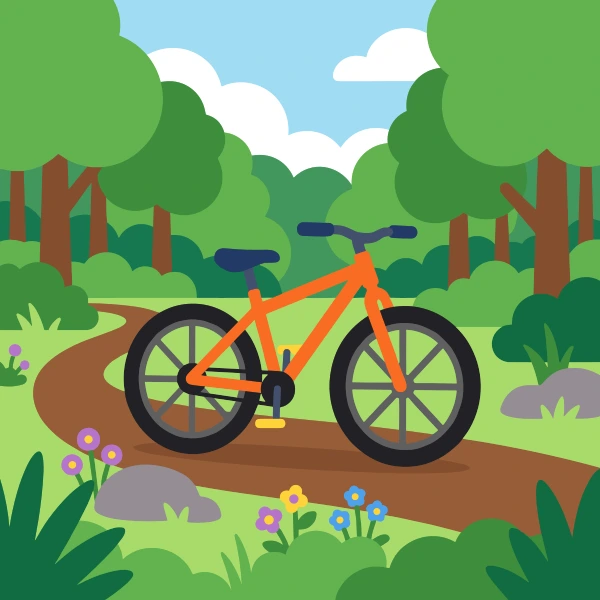 Grass green, black, and olive green mountain bike among trees, hills, or mountains with a winding path or river nearby.