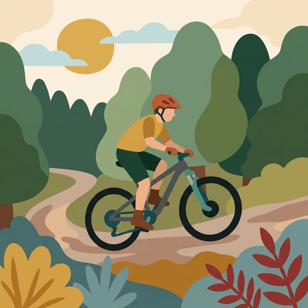 Mountain biker in orange helmet riding winding forest trail surrounded by tall dense trees with natural earth tone foliage