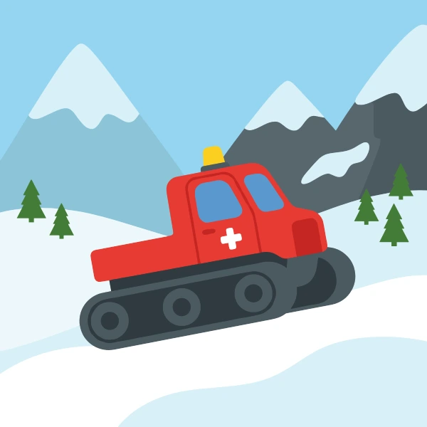 Red, charcoal, and teal mountain rescue tracked vehicle among trees, hills, or mountains with a winding path or river nearby.
