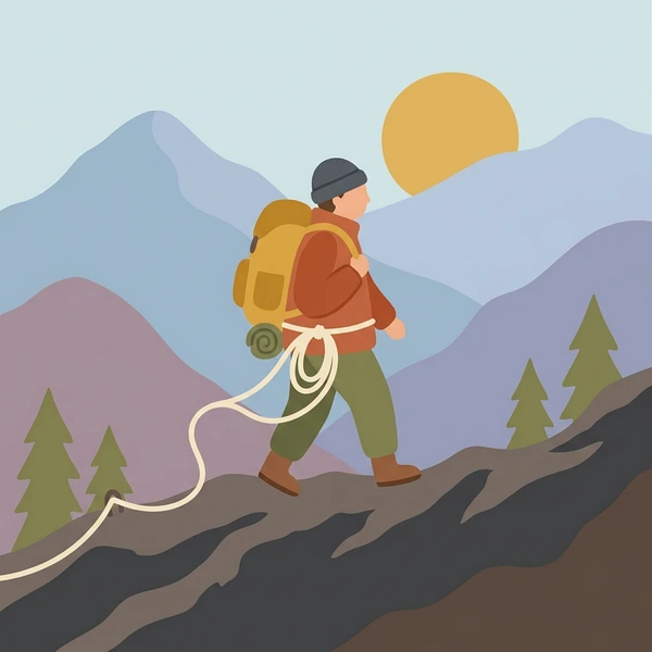 Mountaineer with yellow and orange backpack and coiled brown rope hiking along rocky ridge with snowy peaks and blue gray mountains