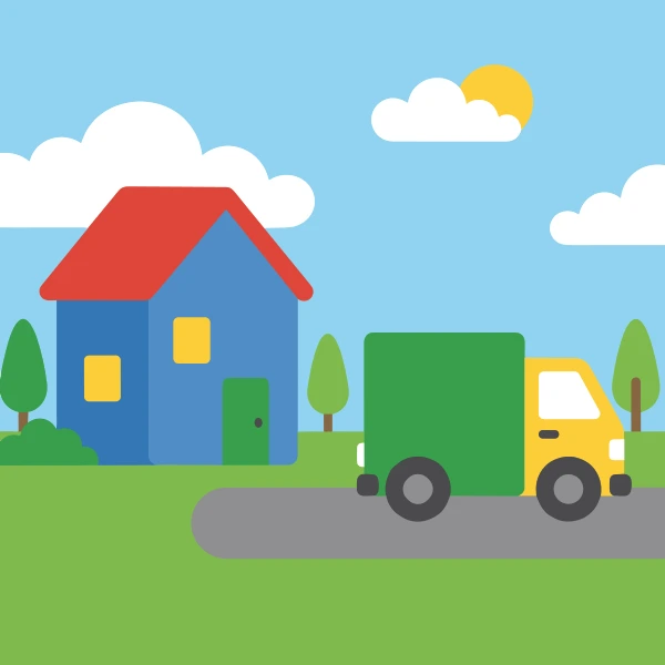 Moving truck outside house with forest green and deep blue body tones, red accents, and sky blue background.
