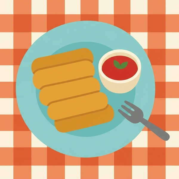 Mozzarella Sticks On Plate scene showing mozzarella sticks, golden crust, cheese pull interior, and marinara dipping sauce in a food coloring puzzle