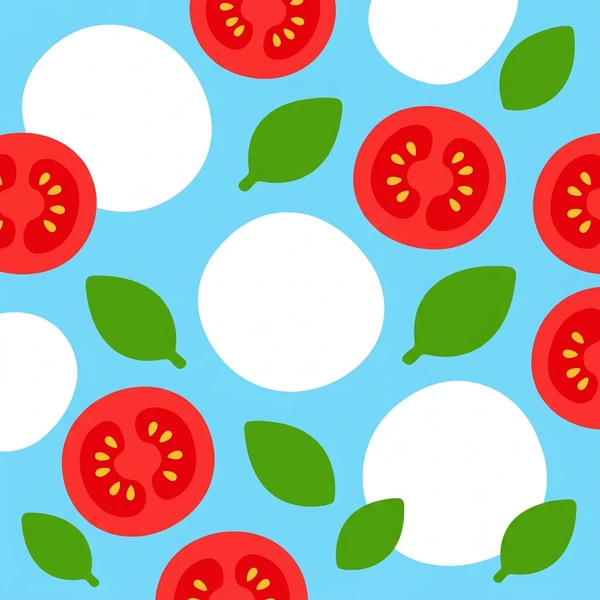 Mozzarella With Tomatoes scene showing mozzarella slices, tomato slices, basil leaves, olive oil drizzle, and classic caprese arrangement in a food coloring puzzle