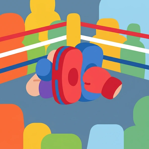 Trainer holding red boxing pads in fighting stance in professional ring with red orange yellow green blue multicolor ropes