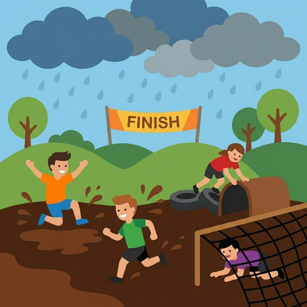 Multiple children navigating muddy obstacle course with tire obstacles and cargo net under dark gray rain clouds and green grass