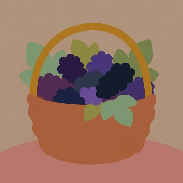 Mulberries In Garden Basket scene showing mulberry fruits, dark purple and red variety, garden basket, and leaf stem in a food coloring puzzle