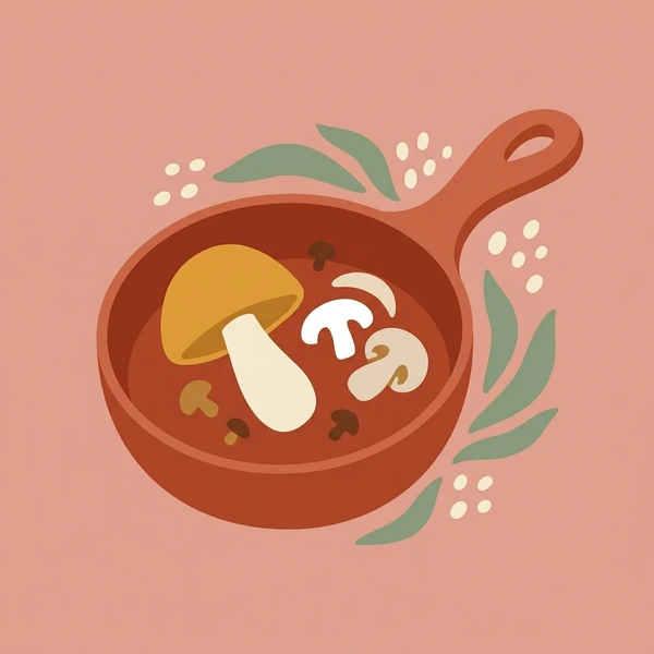 Mushroom In Skillet scene showing sauteed mushroom slices, butter glaze, herb garnish, and cast iron skillet in a food coloring puzzle