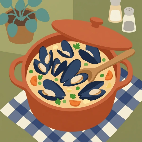 Mussels In Broth Pot scene showing mussel shells, orange interior meat, white wine broth, herbs, and rustic pot in a food coloring puzzle