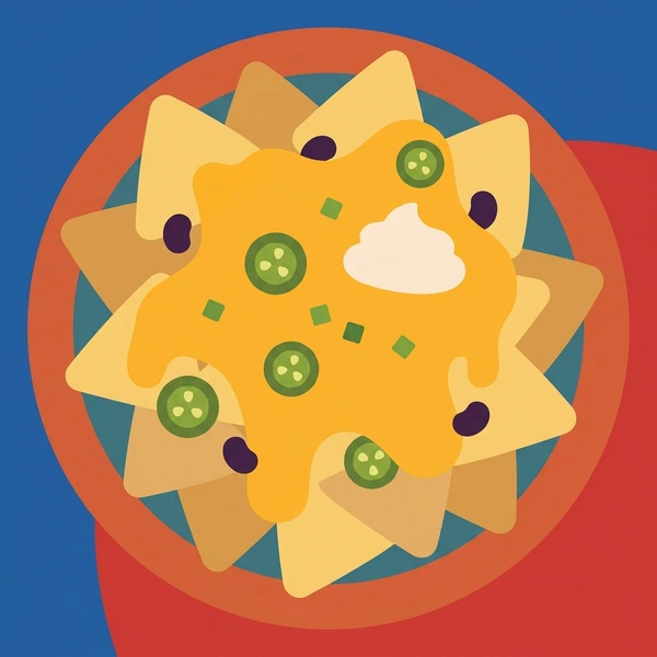 Nachos With Cheese scene showing tortilla chips, melted cheese, salsa, guacamole, sour cream, and nacho tray in a food coloring puzzle