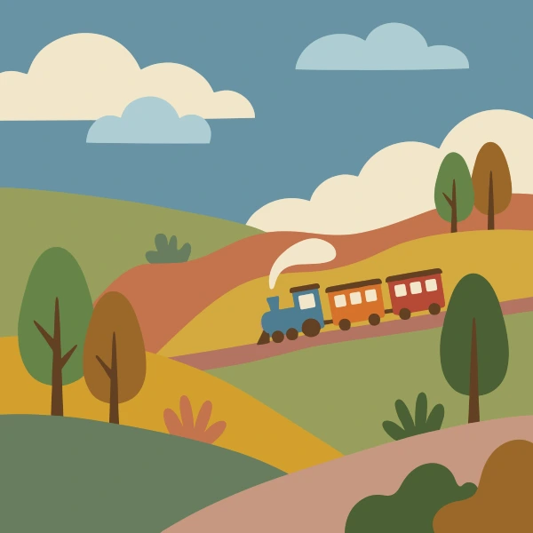 Narrow gauge train in hills with brown and mustard yellow body tones, orange accents, and gray background.
