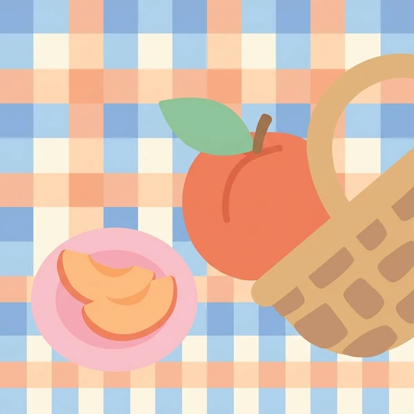 Nectarine On Picnic Cloth scene showing nectarine fruit, smooth skin, picnic cloth setting, and leafy stem in a food coloring puzzle