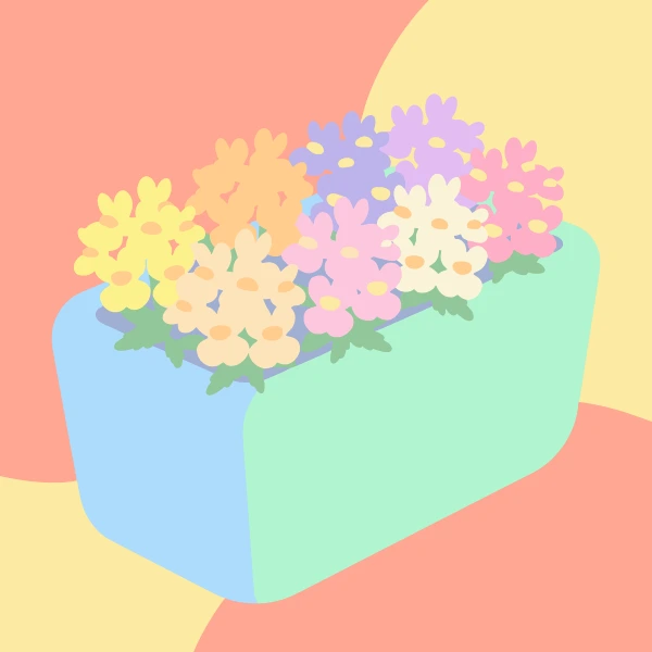 A mint-green rectangular planter overflowing with small pastel nemesia flowers in yellow, orange, cream, pink, lavender, and white on a warm colourful background
